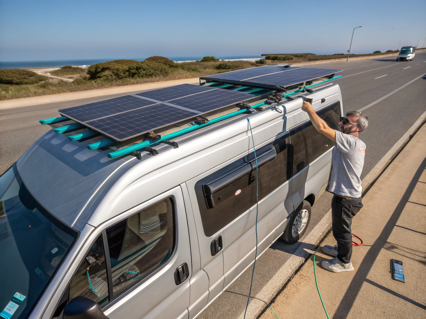 High-tech solar panel installation on a caravan roof
